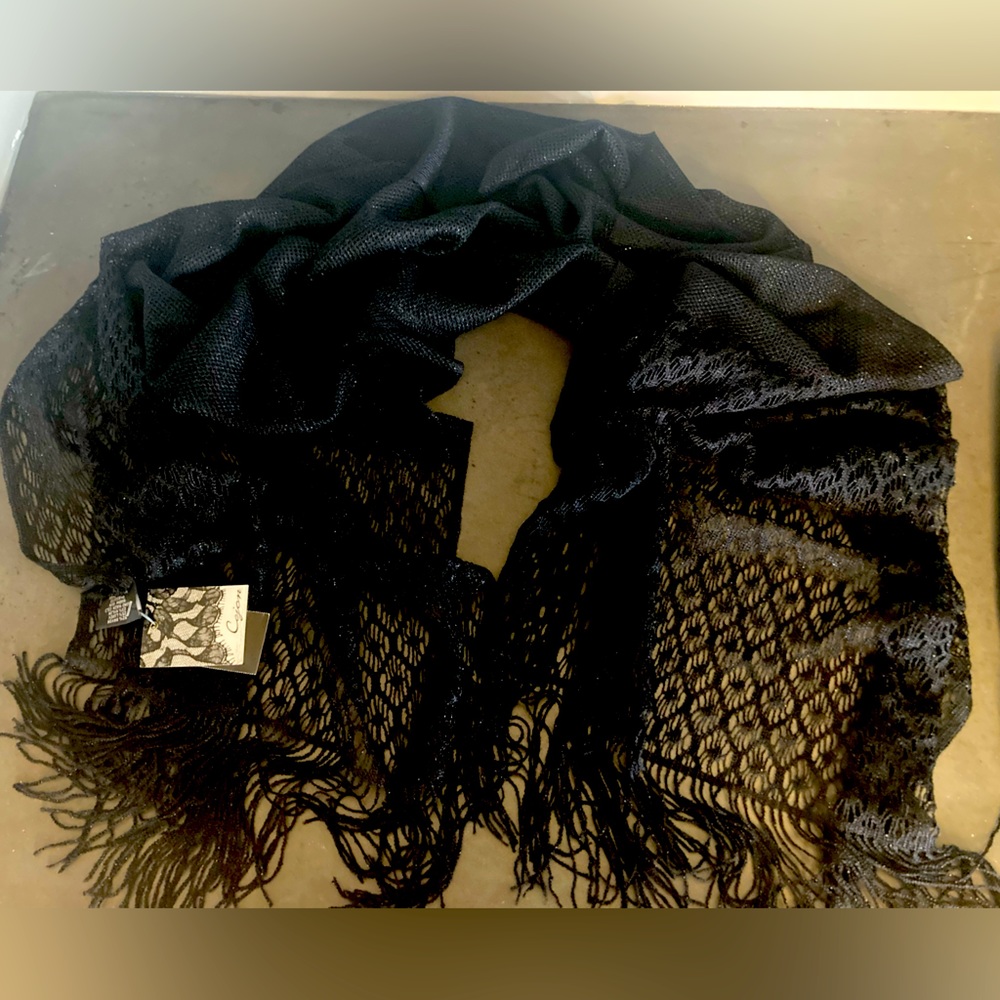 Cejon Wrap Shawl Scarf Black Fringe Shimmer  Festival Wedding NWT